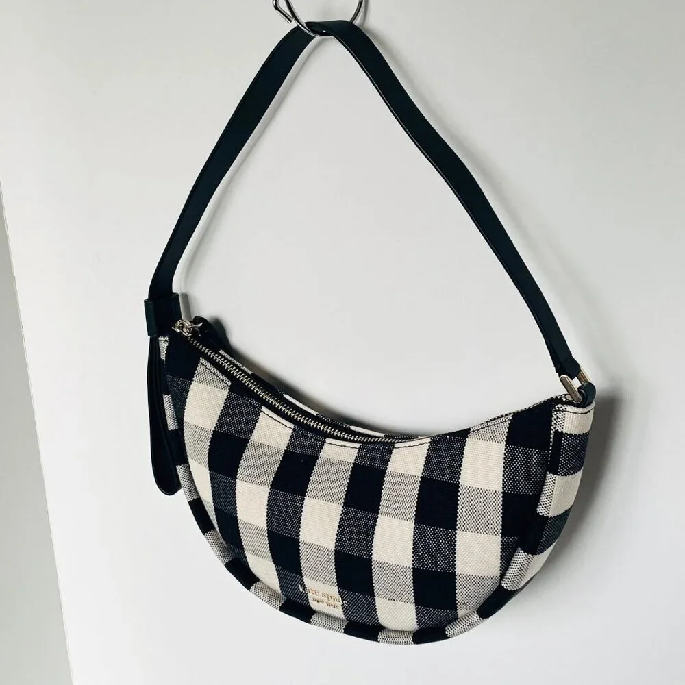 Kate Spade Smile Small Gingham Shoulder Bag Black Check Leather Trim